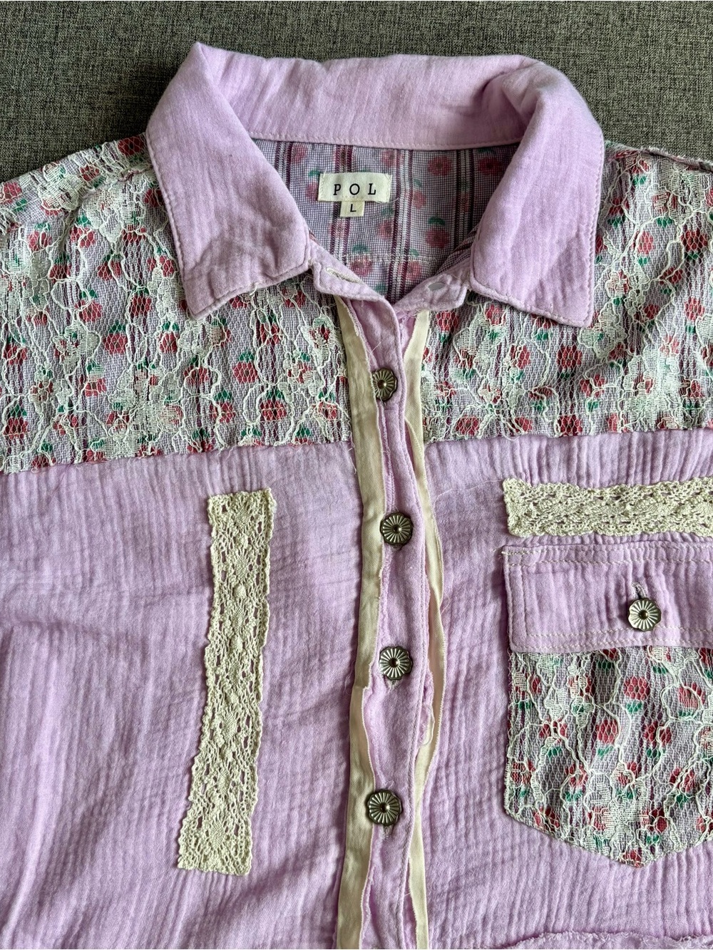 POL Lavender Patchwork Button-Front Shacket with Cream Sleeves - Picture 3 of 10